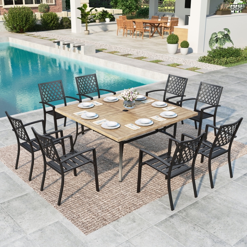Outdoor Dining Set with Stackable Chairs and Wood Grain Tabletop