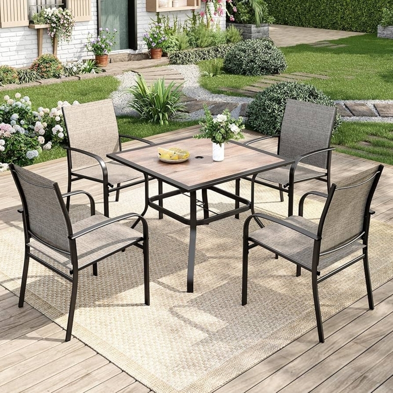 Outdoor Dining Set with Wood-Like Slat Top and Brown Textilene Chairs