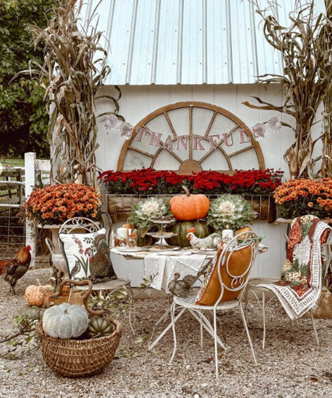 Outdoor Dining Set Woven Chairs String Lights Rustic Harvest Dining