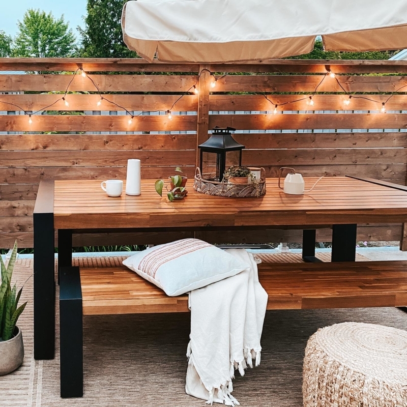 Outdoor Dining Set Woven Cord Chairs Plank Wood Top Metal Sleigh Legs