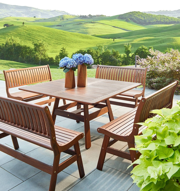Outdoor Dining Set Woven Cord Seats Wood Toned Slatted Patio