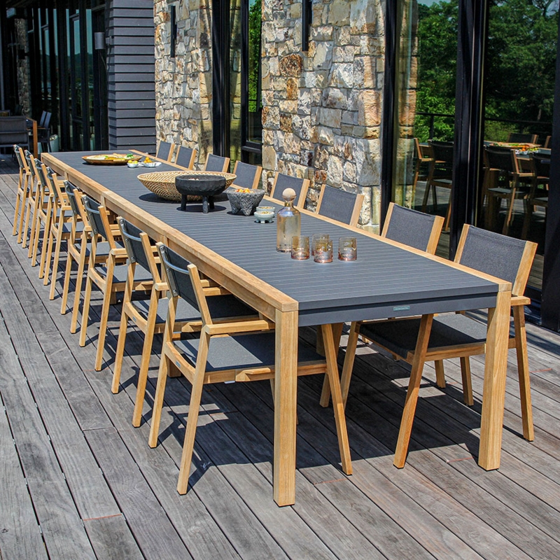 Outdoor Dining Table 20 Foot Length Wood Slatted Top Metal Frame
