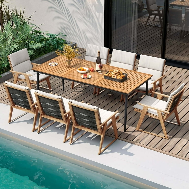 Outdoor Dining Table Acacia Wood Look 8 Person Umbrella Hole