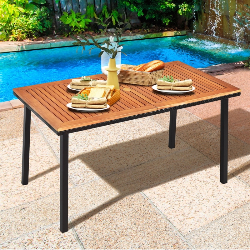 Outdoor Dining Table: Acacia Wood Slats on Black Metal X-Frame Base