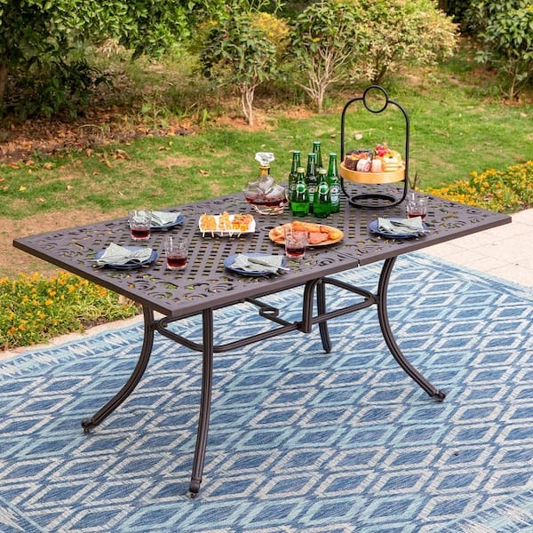Outdoor Dining Table Aluminum Dark Brown Wood Grain Slatted Patio