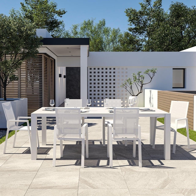 Outdoor Dining Table Angled Trestle Base Wood Grain Texture Minimalist