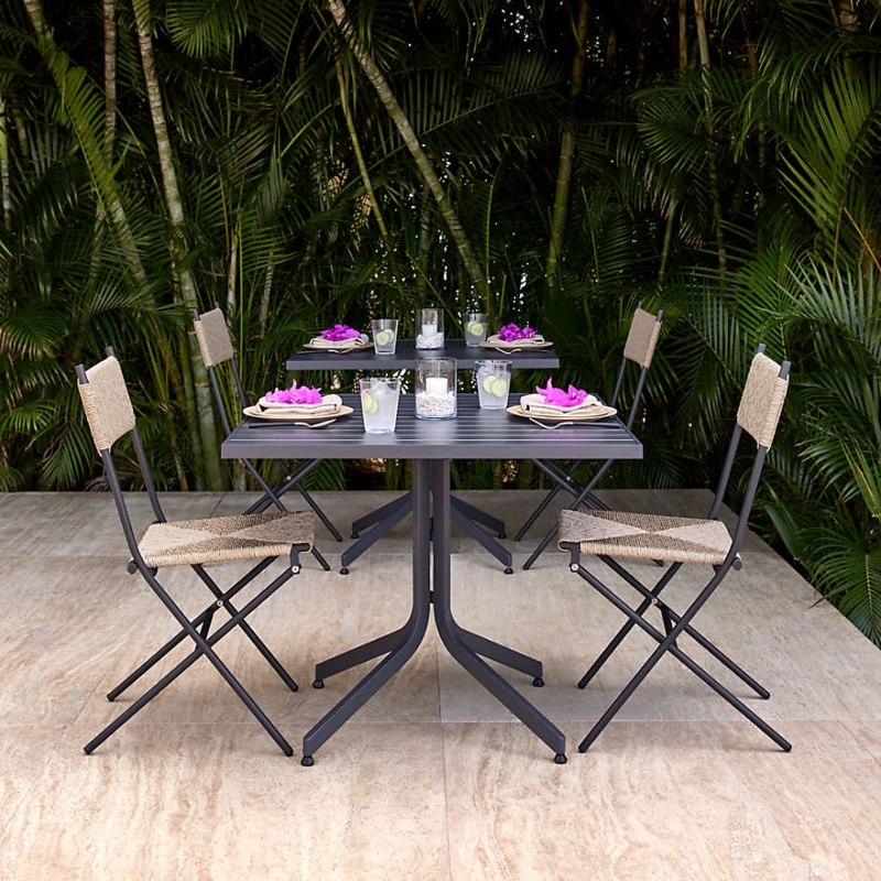 Outdoor Dining Table Black Metal Slat Top Flip-Top Mechanism Minimalist Patio