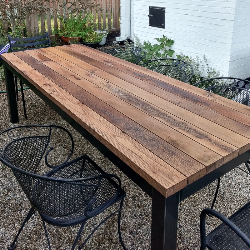 Outdoor Dining Table Black Steel Frame Wide Pedestal Slatted Top Patio