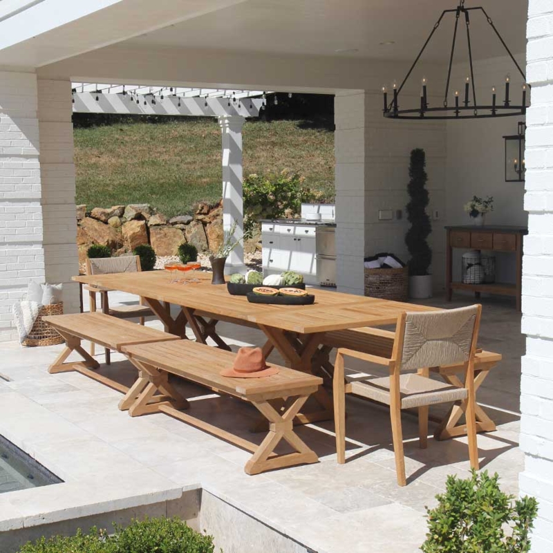 Outdoor Dining Table Block Legs Slatted Top Farmhouse Garden Dining
