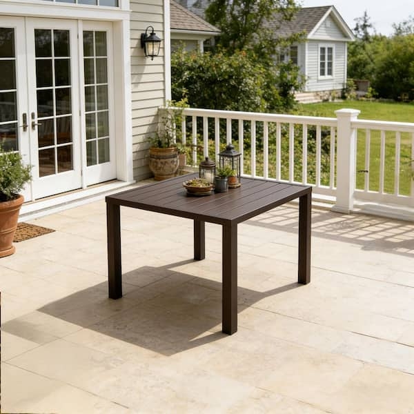 Outdoor Dining Table Brown Metal Slatted Top with Curved Legs