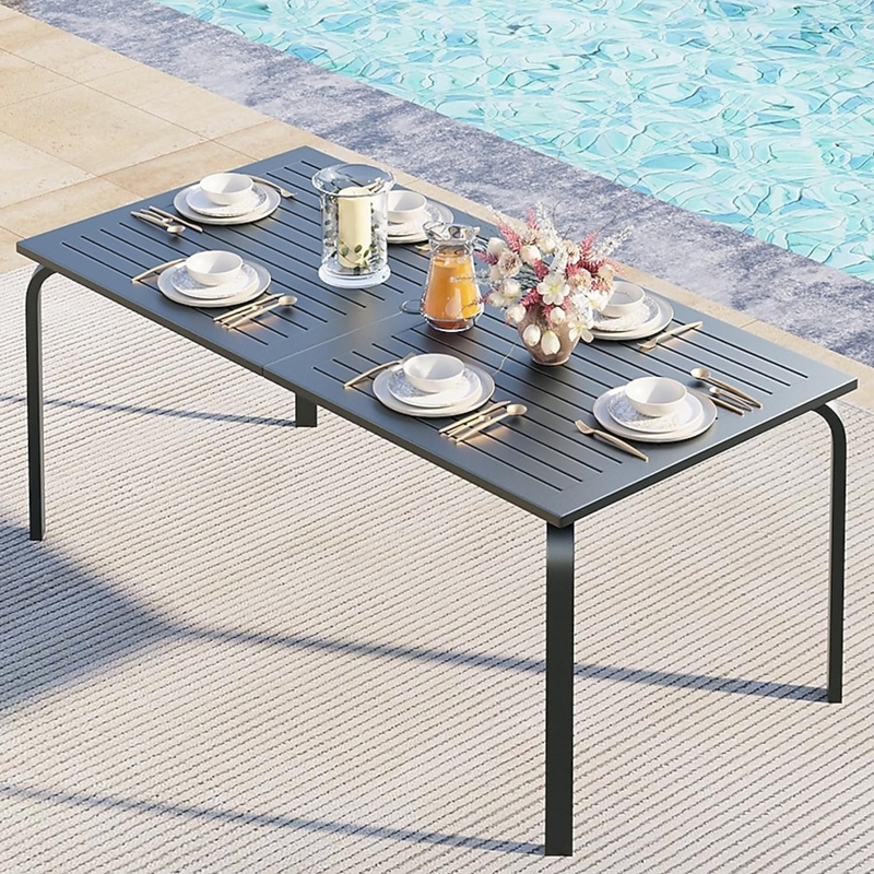 Outdoor Dining Table Charcoal Gray Aluminum Slatted Top Umbrella Hole