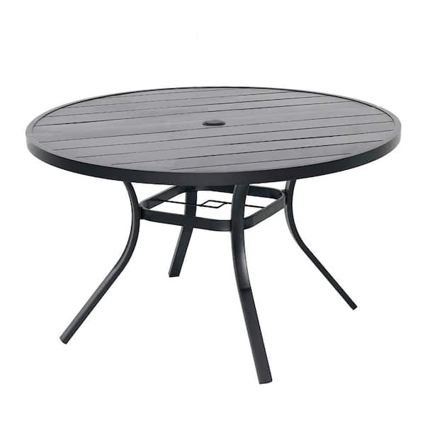 Outdoor Dining Table Circular Motif Lattice Top Black Metal Round