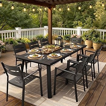 Outdoor Dining Table Eight Person Rectangular Slatted Top Patio