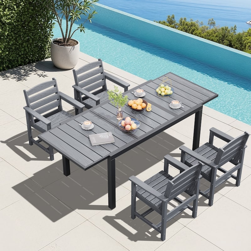 Outdoor Dining Table Extendable Black HDPE Slatted Top Aluminum