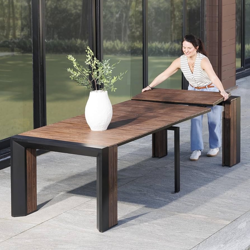 Outdoor Dining Table Extendable Length Dark Walnut Finish Modern