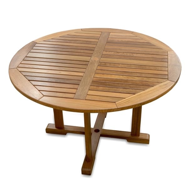 Outdoor Dining Table Four Point Base Round Slatted Top Honey Brown