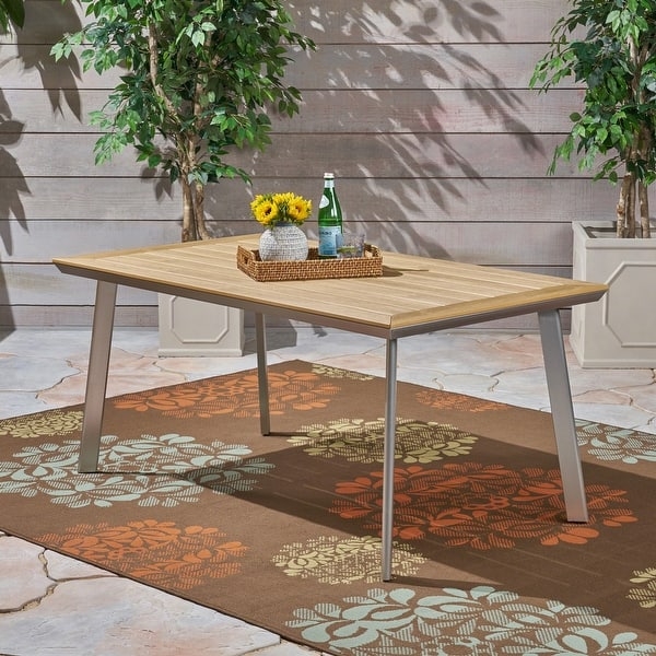 Outdoor Dining Table Industrial Wood Toned Slat Top Black Metal