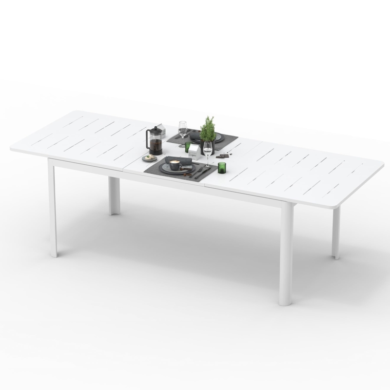 Outdoor Dining Table Ivory White Finish Expandable Slatted Metal Deck