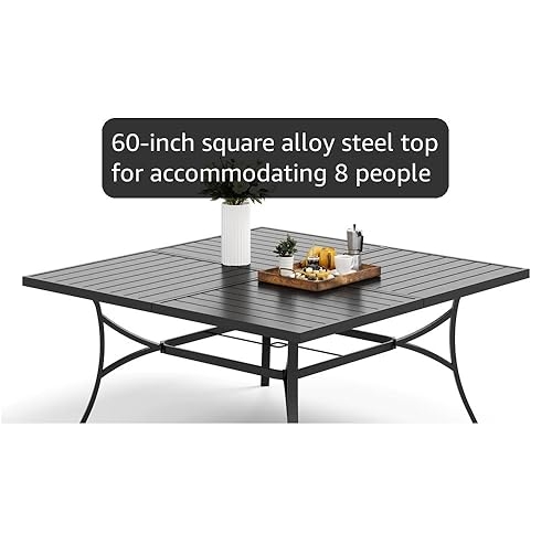 Outdoor Dining Table Large Capacity Square Slatted Top Black Metal