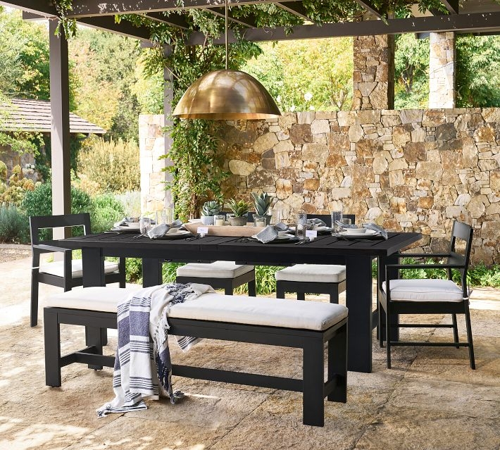 Outdoor Dining Table Matte Black Slatted Metal Minimalist Patio