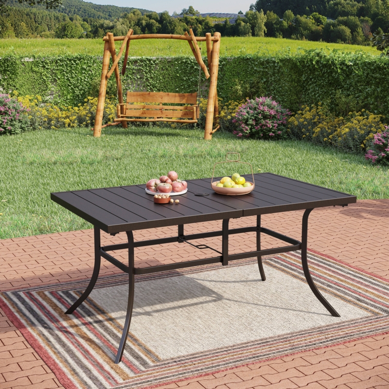 Outdoor Dining Table Modern Industrial Metal Slatted Top Umbrella Hole