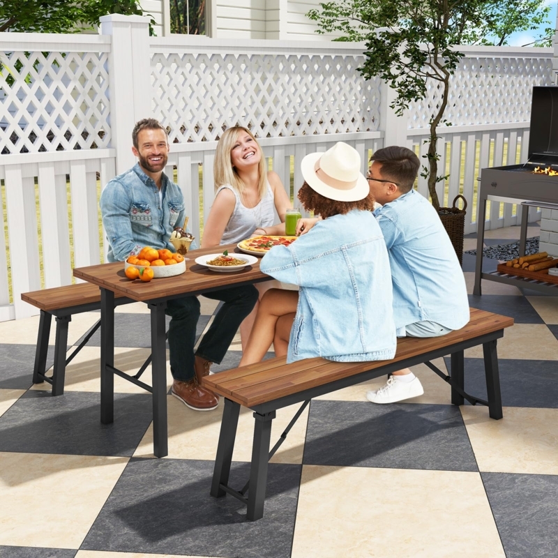 Outdoor Dining Table Narrow Foldable Wood and Black Metal