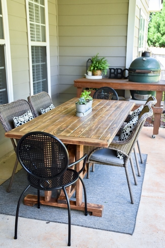 Outdoor Dining Table Natural Wood Plank Top Stretcher Base Patio