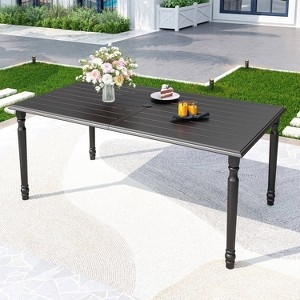 Outdoor Dining Table Rectangular Black Metal Frame Wood Toned Slats