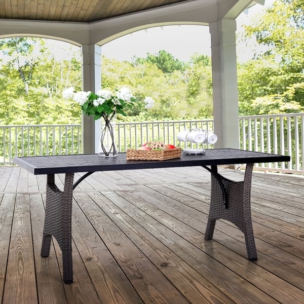 Outdoor Dining Table Rectangular Metal Slat Top Woven Wicker Legs