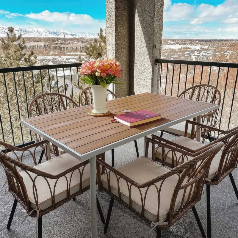 Outdoor Dining Table Rectangular Stone Texture Tiled Top