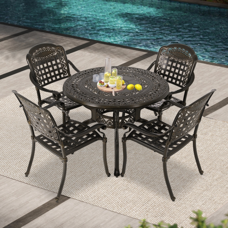 Outdoor Dining Table Round Antique Bronze Lattice Pattern Top