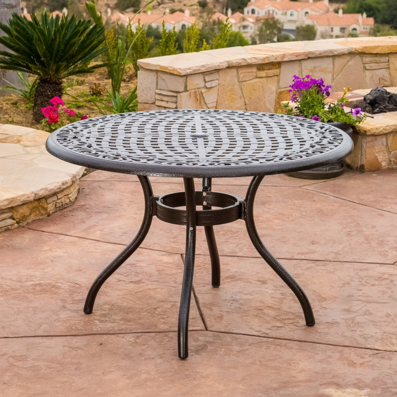 Outdoor Dining Table Round Antique Bronze Scrollwork Edge