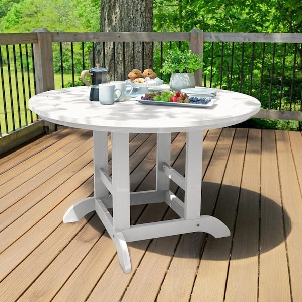 Outdoor Dining Table Round White Pedestal Base Slatted Top Patio