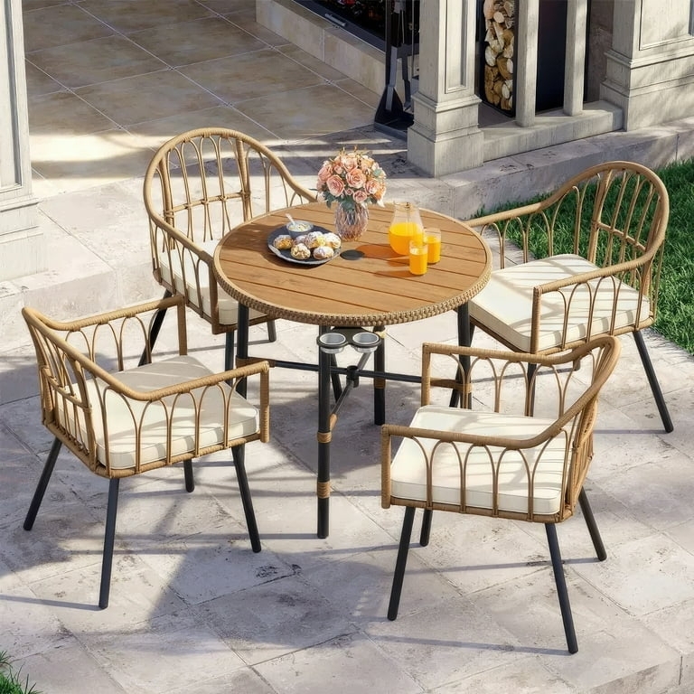 Outdoor Dining Table Round Wood Textured Top Umbrella Hole