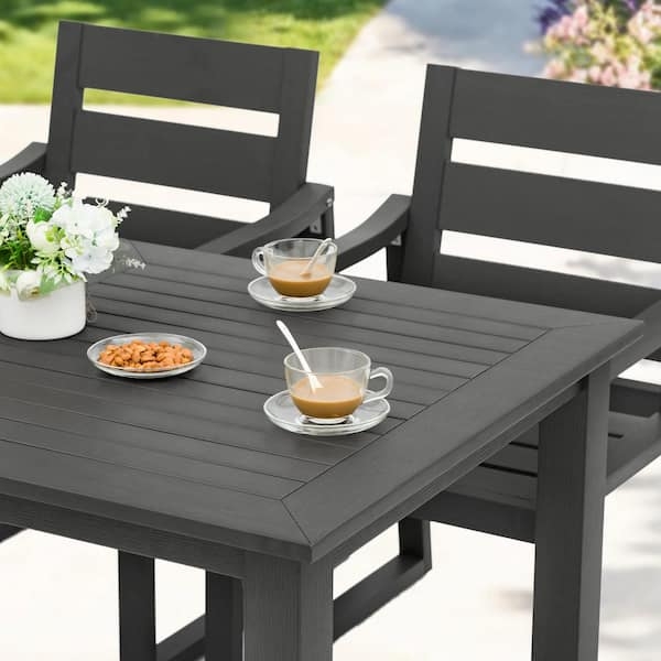 Outdoor Dining Table Slate Gray Trestle Base Slatted Wood Texture
