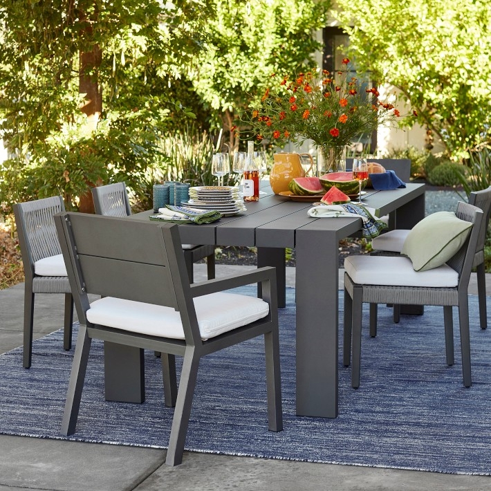 Outdoor Dining Table Slatted Metal Top U-Shaped Legs Slate Grey