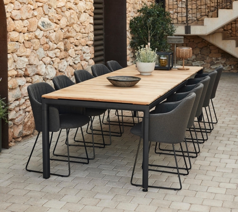 Outdoor Dining Table Slatted Wood Top Taupe Metal Woven Chairs