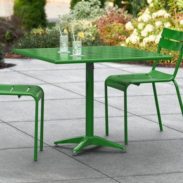 Outdoor Dining Table Square Green Metal With Umbrella Hole