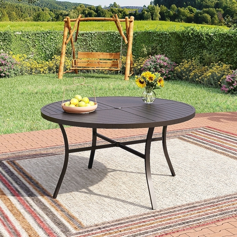 Outdoor Dining Table: Transitional Charcoal Slatted Round, Curved Legs.