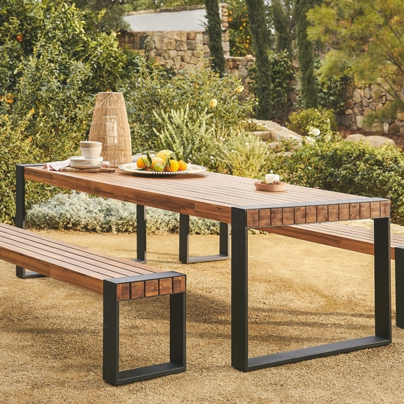 Outdoor Dining Table Tuscan Brown Wood Slatted Top Angled Black Legs