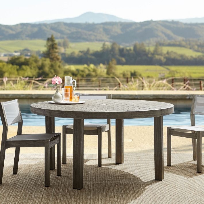 Outdoor Dining Table Weathered Finish Round Slatted Top Pedestal Rustic