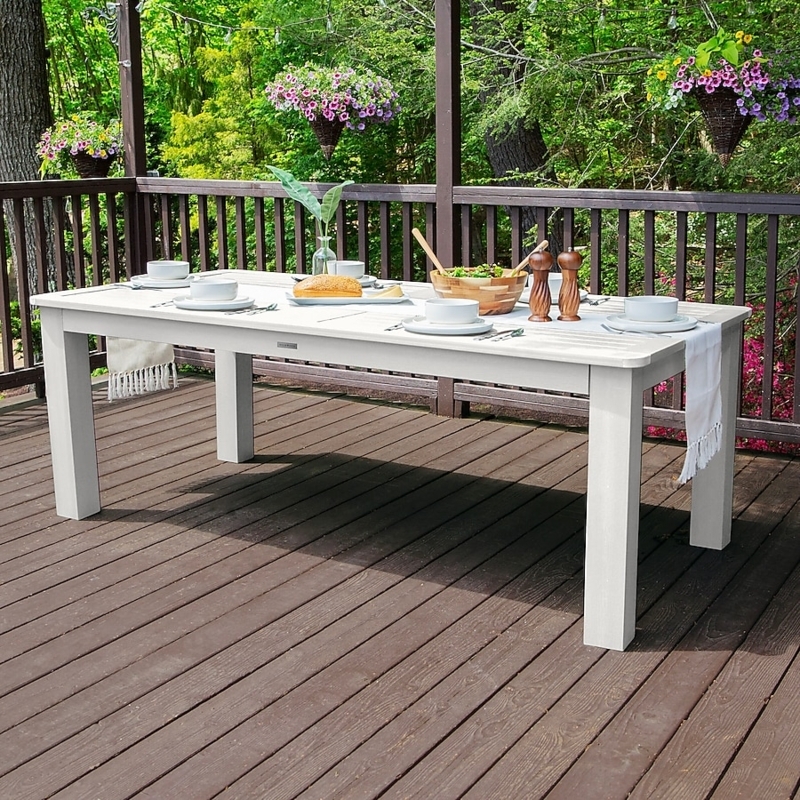 Outdoor Dining Table: White Coastal Style Slat Top with Umbrella Hole