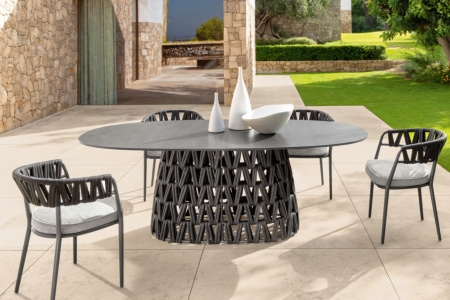 Outdoor Dining Table with Geometric Base for Modern Poolside Dining