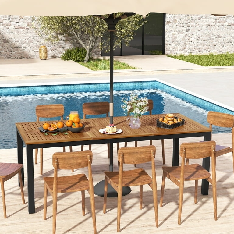 Outdoor Dining Table Wood Toned Slatted Top with Umbrella Hole