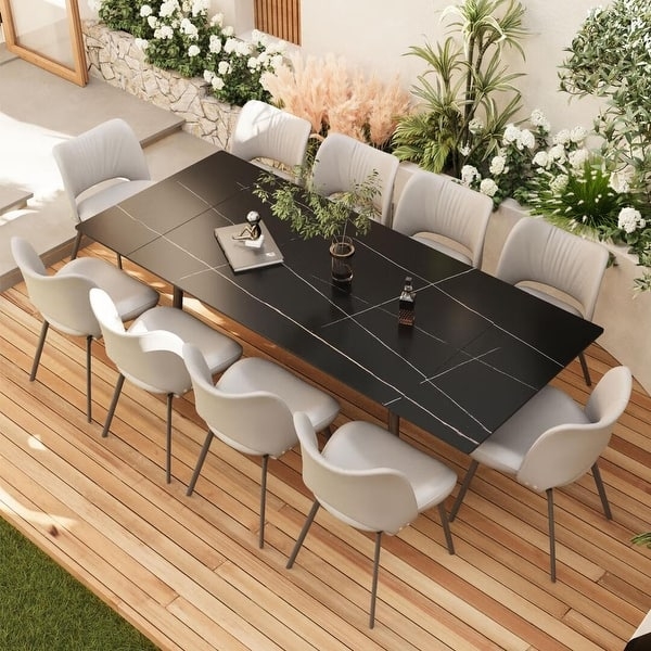 Outdoor Dining Table Woven Chair Backs Stone Like Top Rectangular Grey