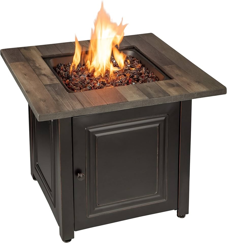Outdoor Fire Pit Square Faux Wood Mantel Decorative Black Metal Base