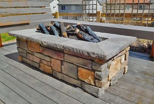 Outdoor Fire Pit Stacked Stone Base & Blue Fire Glass, Rectangular Stone Gas