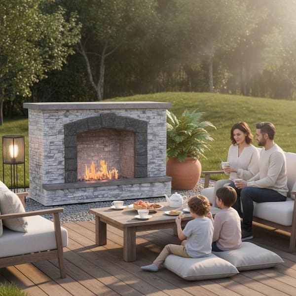 Outdoor Fireplace 67 Inch Linear Flame Bed Stone Ledge Modern