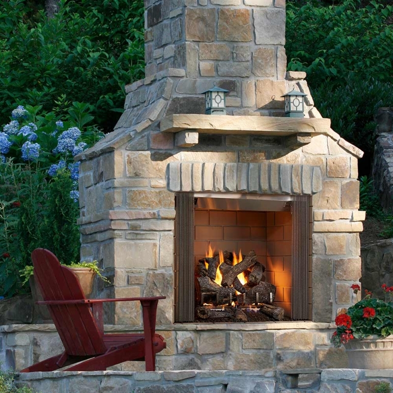 Outdoor Fireplace Arched Firebox Stacked Stone Patio Lounge
