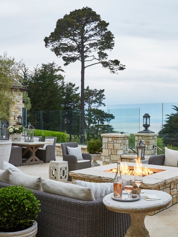 Outdoor Fireplace Arched Masonry, Coastal Loggia. Mediterranean.